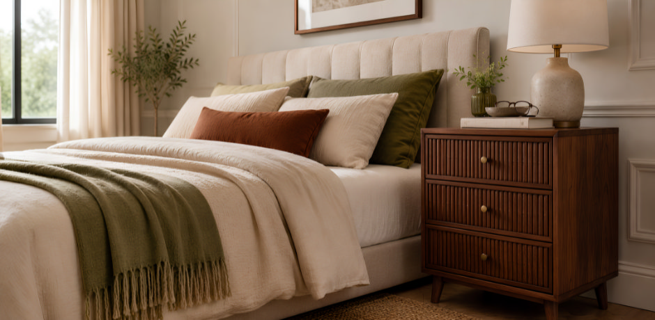 bedroom with three drawer wooden bedside table beside upholstered bed and neutral bedding
