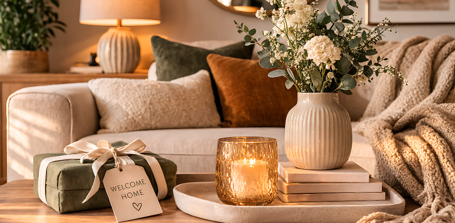 Housewarming gift with candle, vase and cosy sofa styling