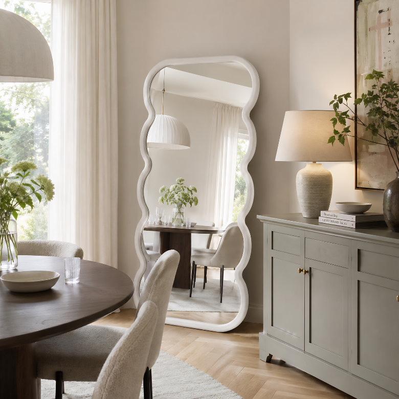 dining room with wavy floor mirror reflecting table and natural light