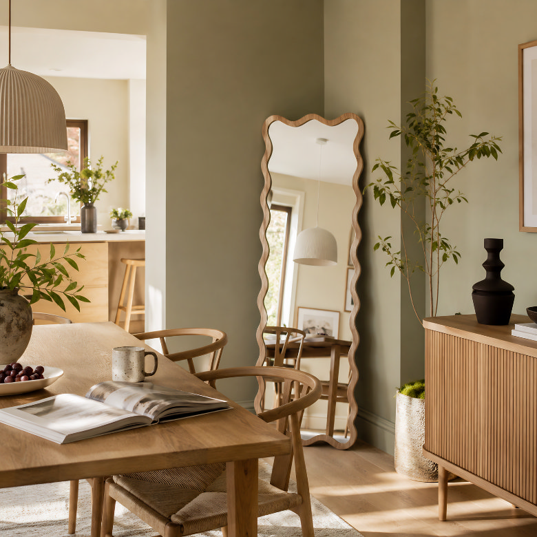 dining room with wavy wooden floor mirror reflecting table and pendant light