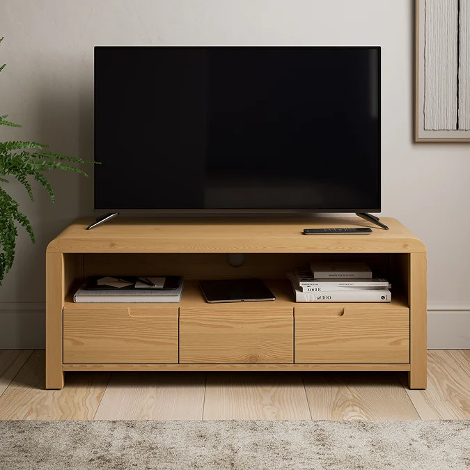 Copenhagen oak wooden TV unit with drawers and open shelf for hidden toy storage in a modern living room.