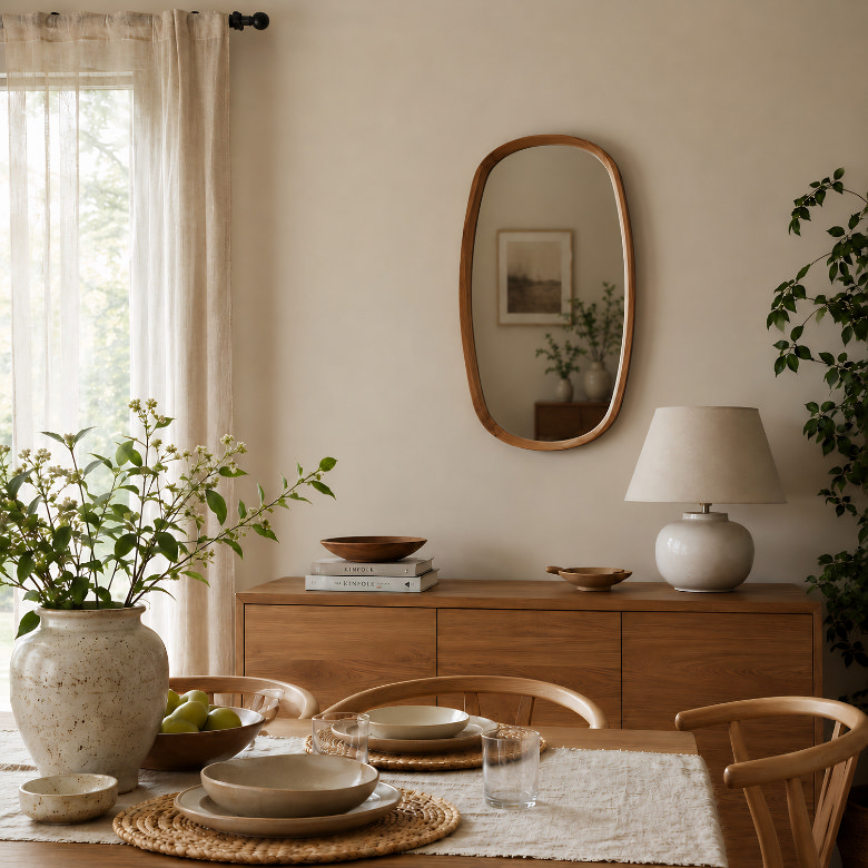 dining room with oval wooden wall mirror above sideboard and neutral table setting
