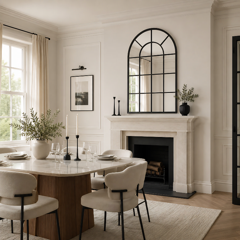 dining room with arched window mirror above fireplace and candlelit dining table