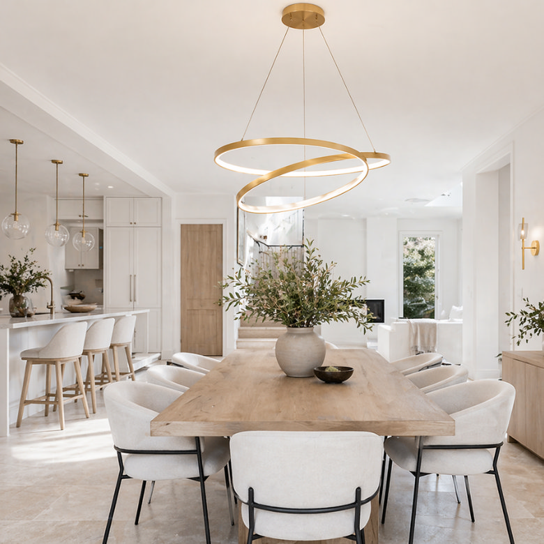 modern ring pendant light over dining table with gold finish
