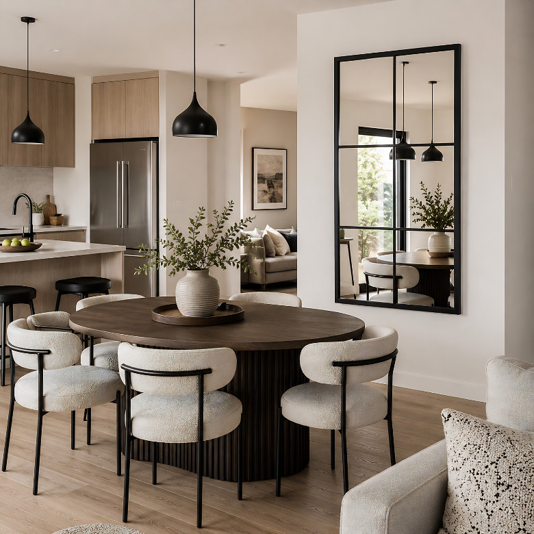 open plan dining room with large window style mirror reflecting table and pendant lights