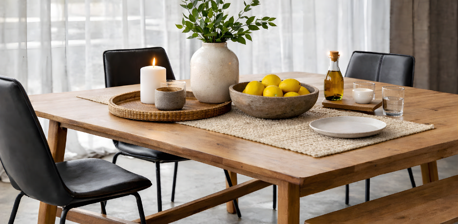 Dining room table decor with tray, vase, candles and fruit bowl