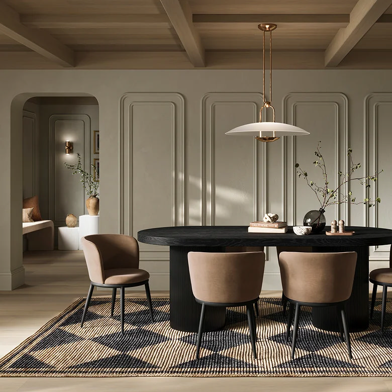 Modern dining table styled with books as a centrepiece for small space storage and décor