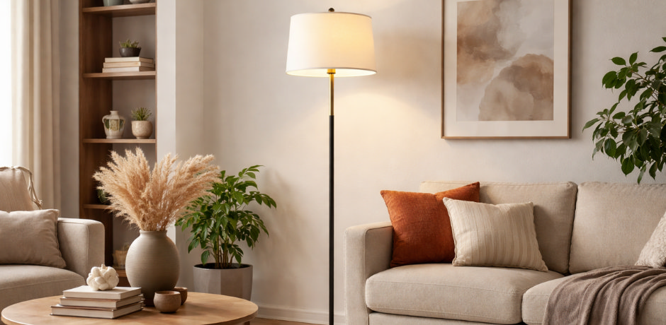 Modern black floor lamp with cream shade placed beside sofa in neutral living room