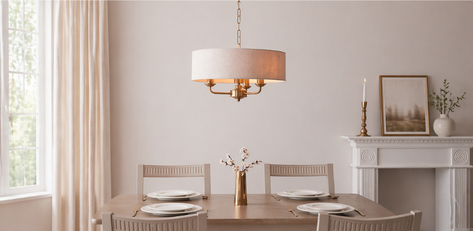 ceiling light over dining table with fabric shade in neutral dining room