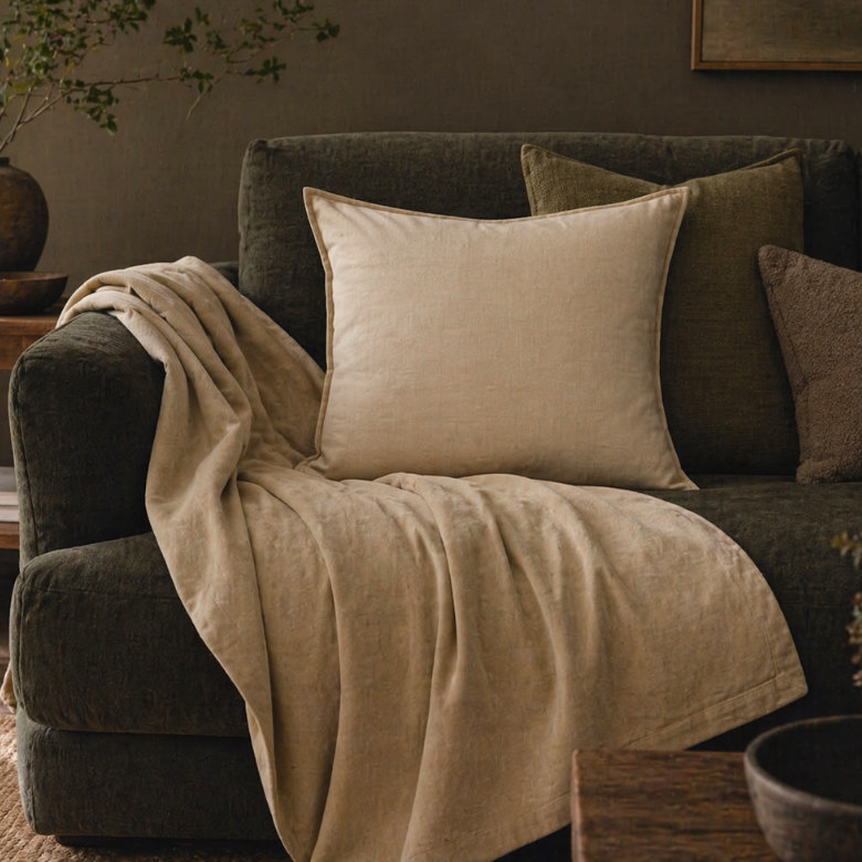 moody living room with dark sofa, neutral cushion and beige throw layered for earthy texture