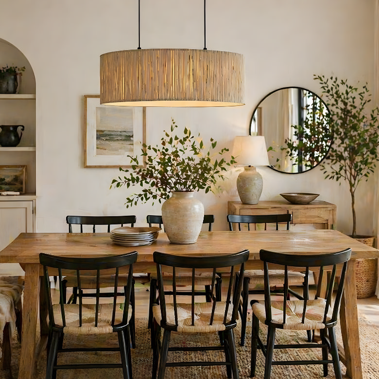 fabric pendant light over dining table with soft warm glow