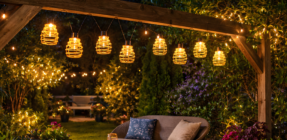 Woven lantern string lights hanging from a wooden pergola creating warm garden lighting at night