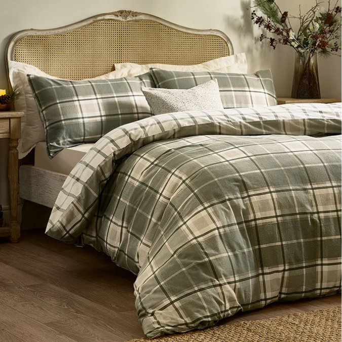Green and cream brushed cotton check bedding set with cosy winter styling