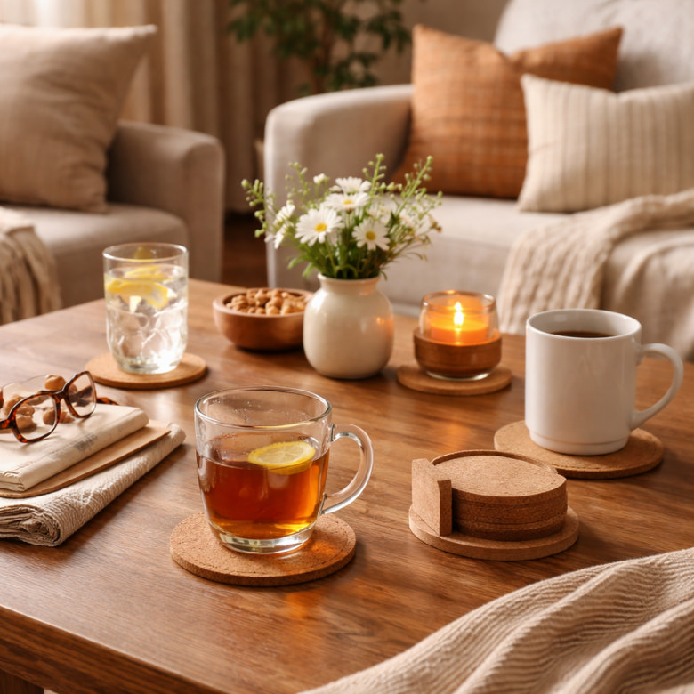 Coffee table styling with tea, candle, flowers and cork coasters