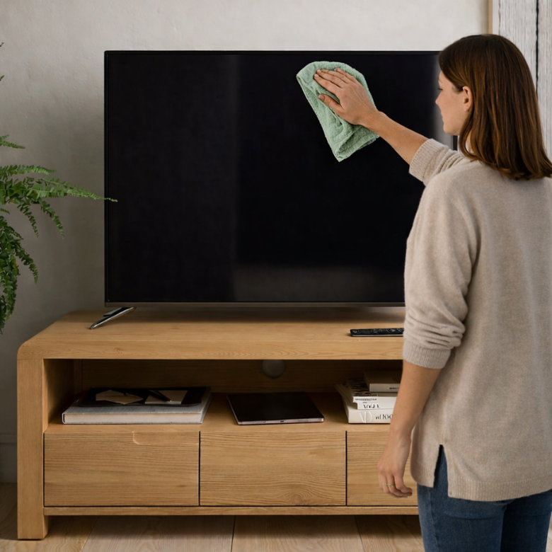 Woman wiping a flat screen TV with a cloth during living room spring cleaning