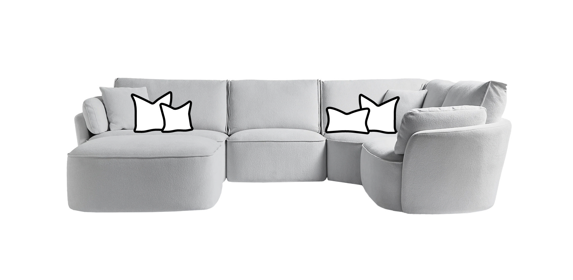 Corner sofa with layered cushions in varying sizes, colours, and textures for a cosy, inviting look.