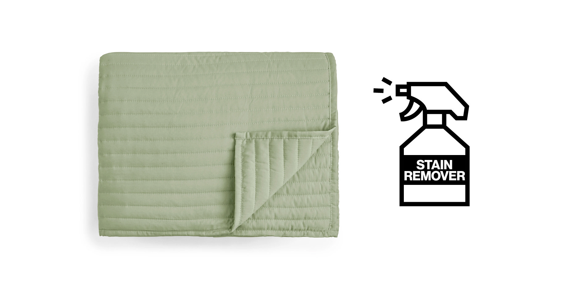 Green quilted bedspread laid flat with stain remover spray – pre-treating stains before washing a bedspread.