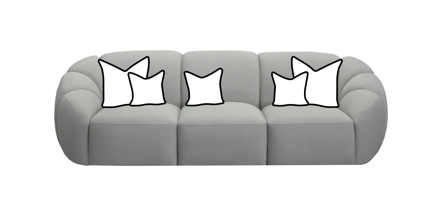 Three-seater sofa styled with an even mix of patterned and plain cushions for balanced living room décor.