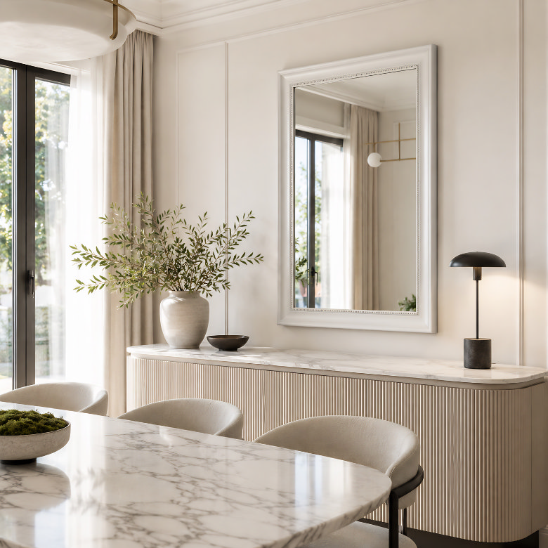 dining room with rectangular wall mirror above sideboard and bright modern marble table