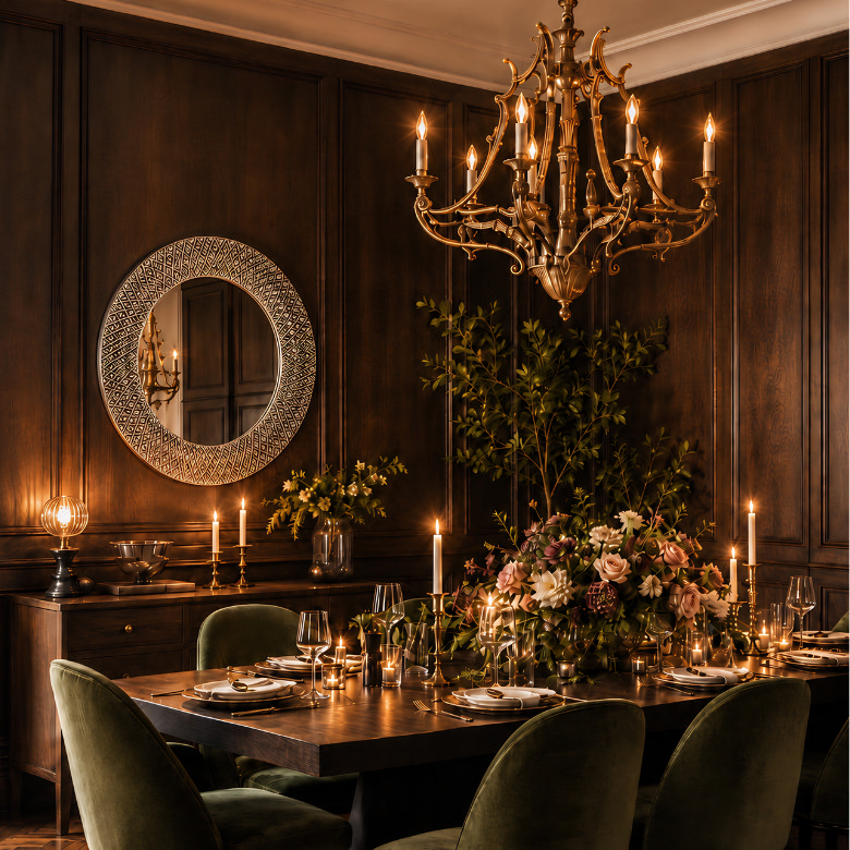 dining room with patterned round wall mirror above sideboard and candlelit table under chandelier