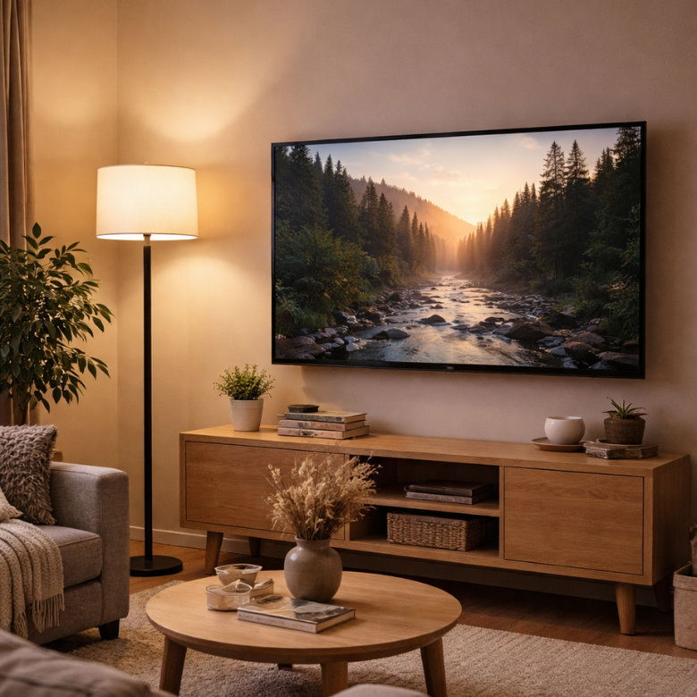 Black floor lamp with white drum shade beside TV unit in cosy living room