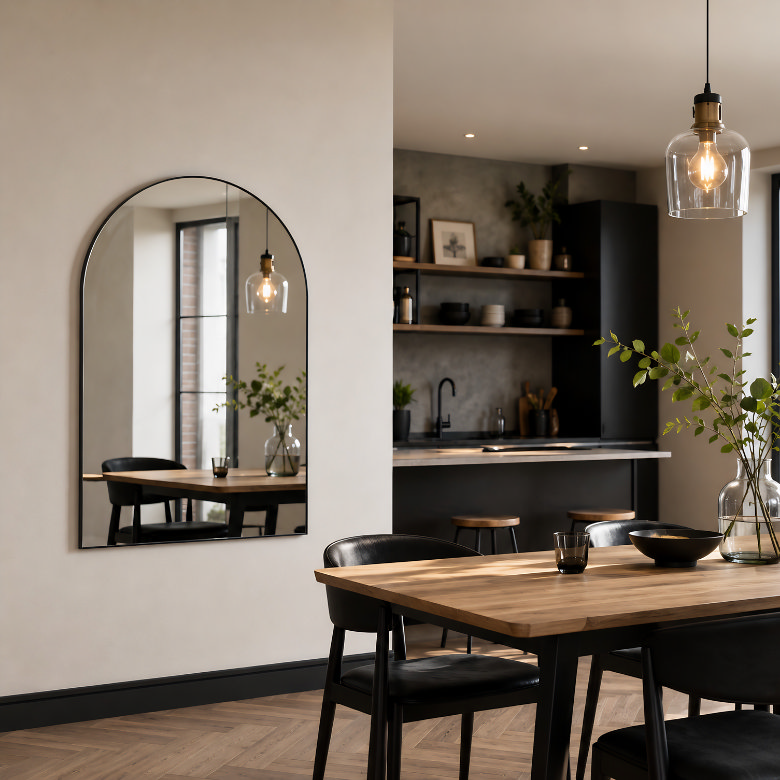 dining room with large arched wall mirror reflecting table and pendant light
