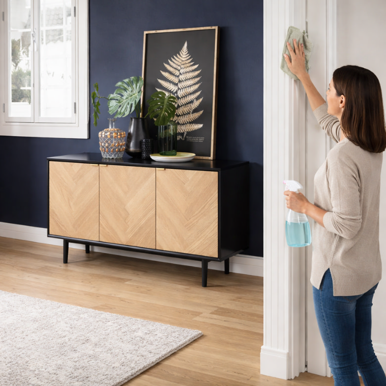 Woman wiping door frame while spring cleaning a living room