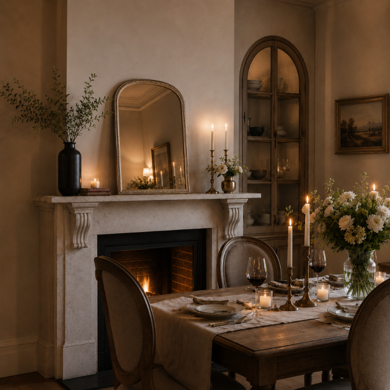 dining room with arched mantle mirror above fireplace and candlelit table