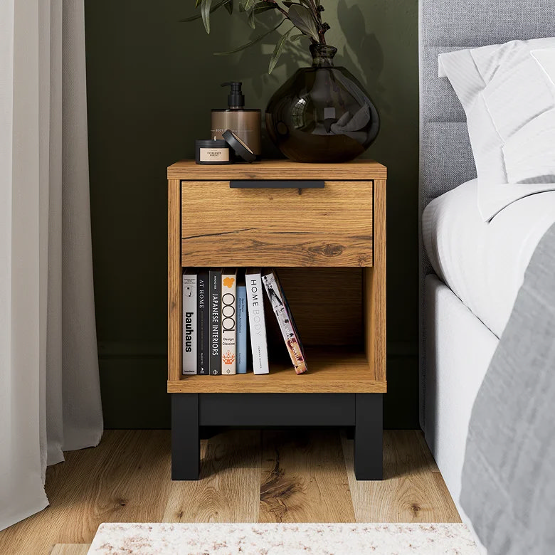 bedroom with oak bedside table featuring drawer and open shelf storage