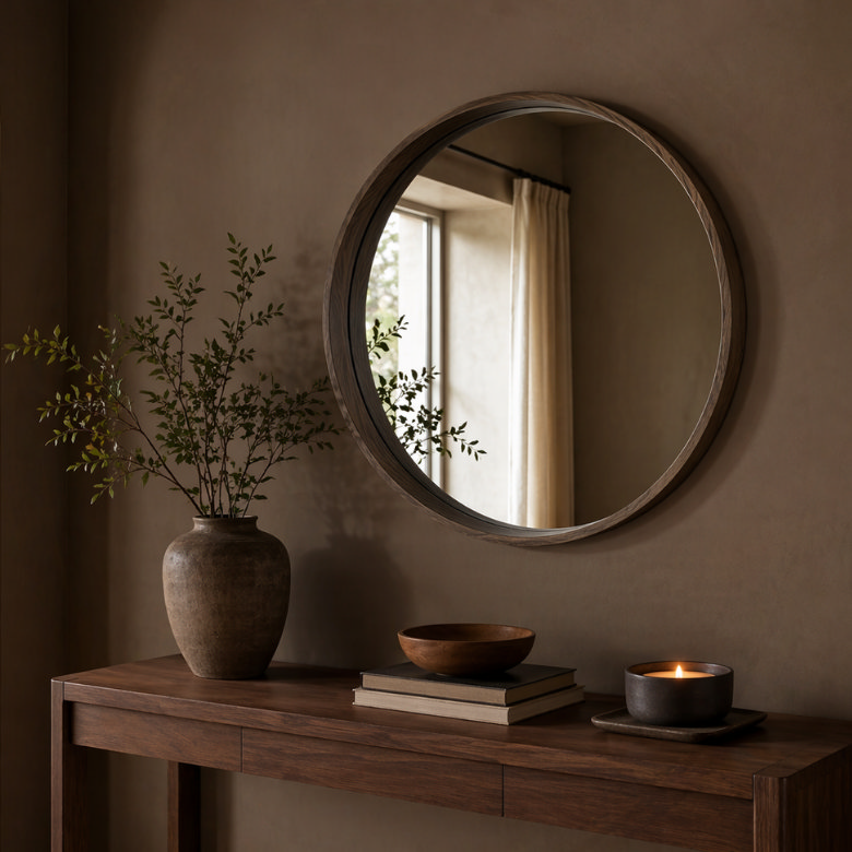 round wooden wall mirror above console table with ceramic vase and candle in earthy tones