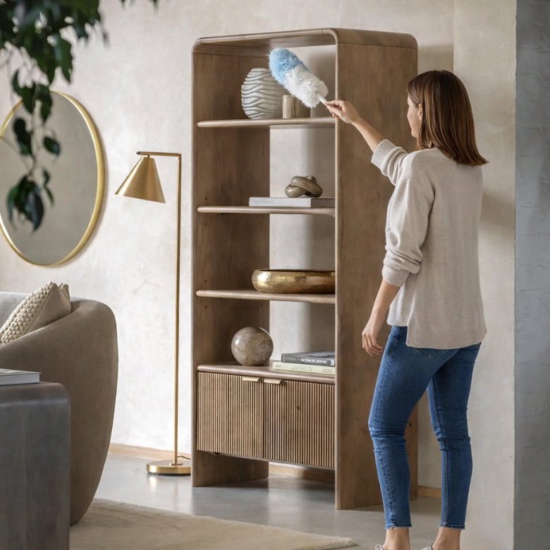 Woman dusting decorative shelves in a modern living room as part of spring cleaning