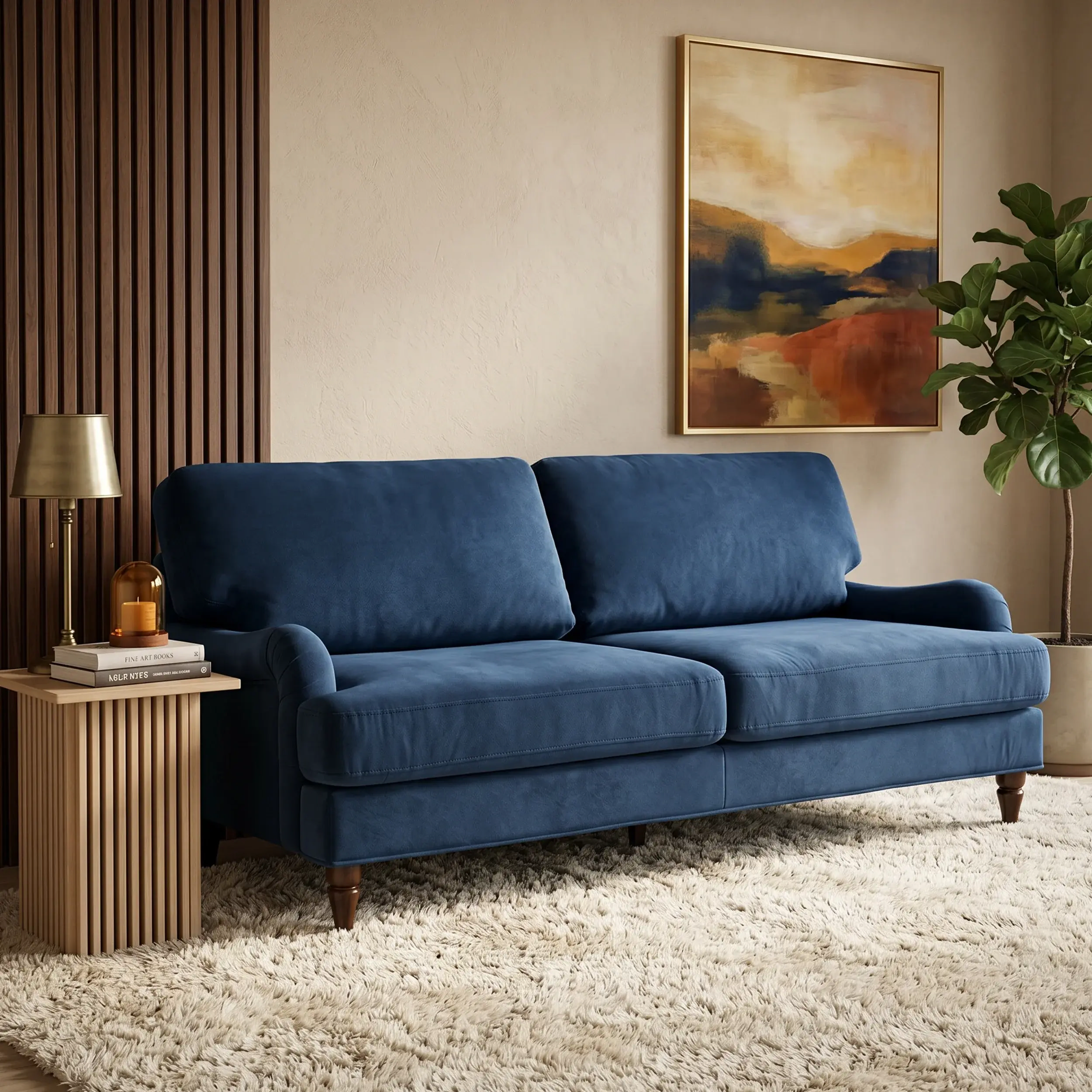 dark blue three seater sofa in living room