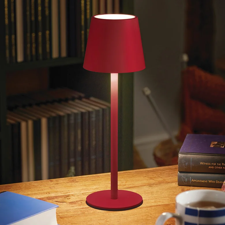 rechargeable red table lamp in living room