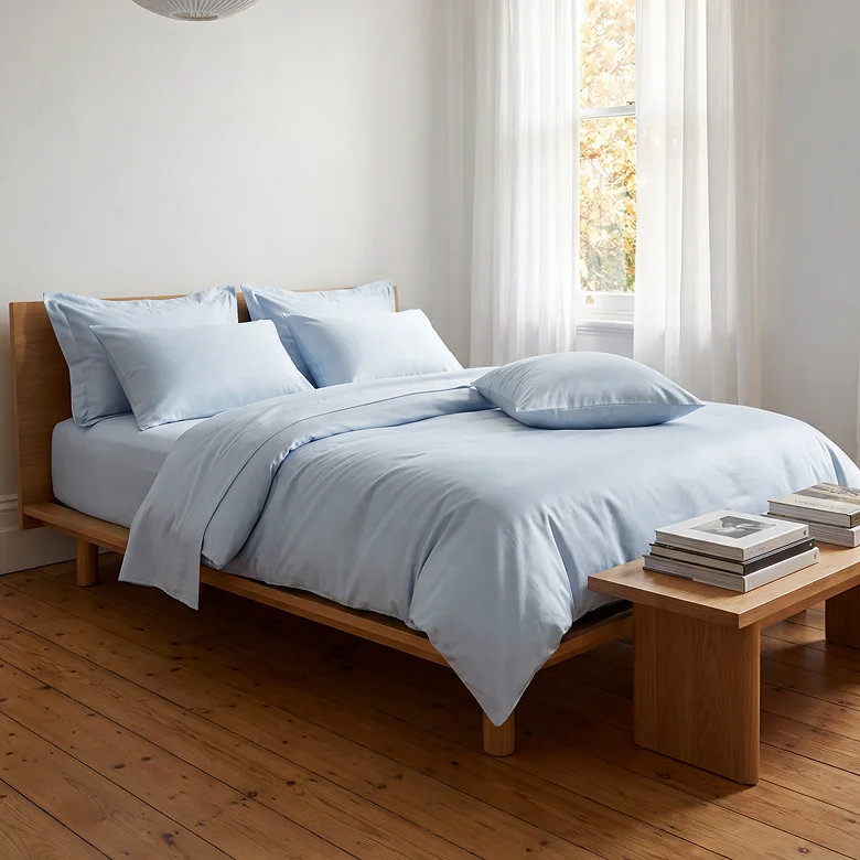 light blue hotel style couples bedding set