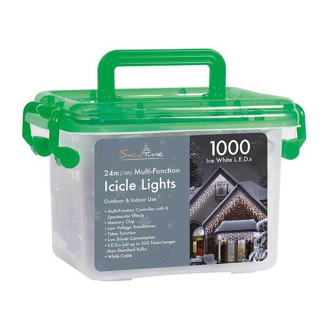 icicle lights in a plastic tub, cut out on white background