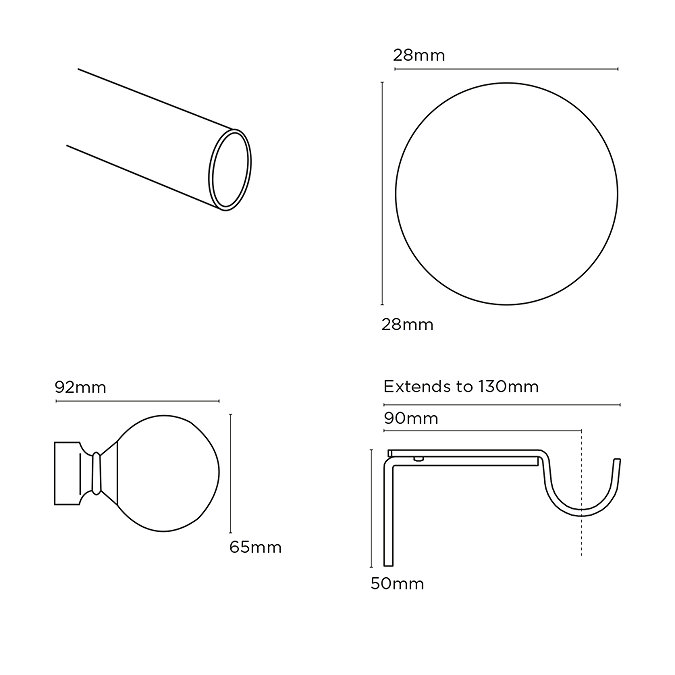 28mm Eyelet Ball Pole Line Drawings