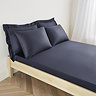 standard fitted sheet in a dark blue, on a mattress with matching pillowcases