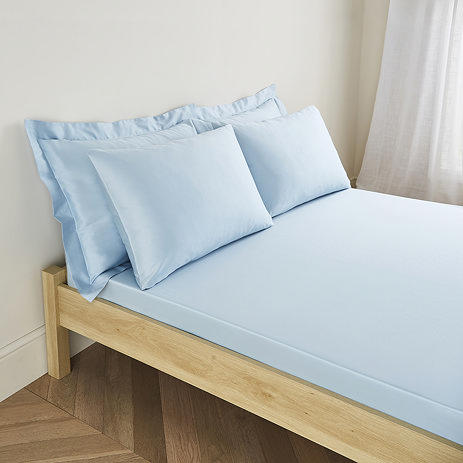 image of light blue fitted sheet over a standard size mattress on bed 
