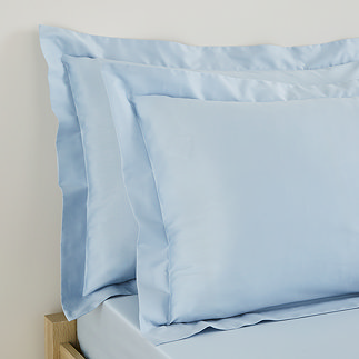 close up on two pillows in light blue oxford pillowcases at head of bed