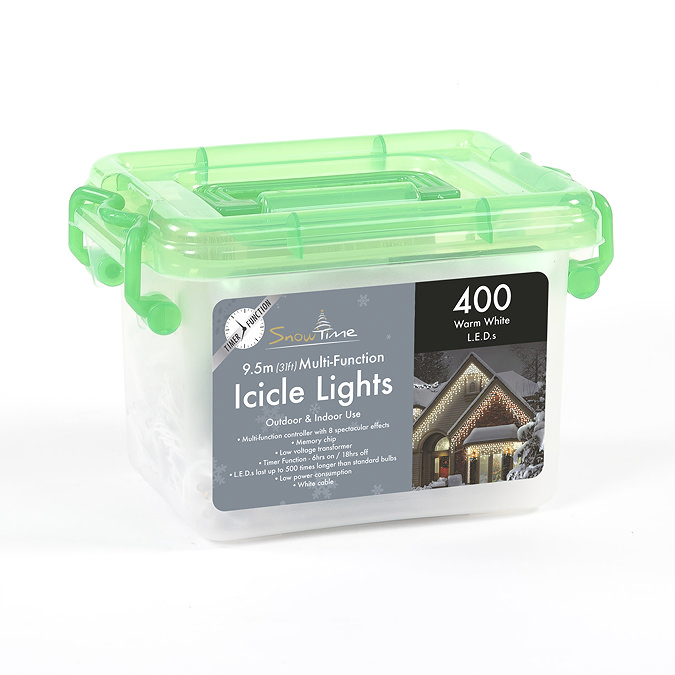 image of icicle lights in a plastic box, cut out on white background