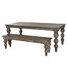 image cut out on white background of rectangular dark wood dining table with carved bobbin legs, and matching bench