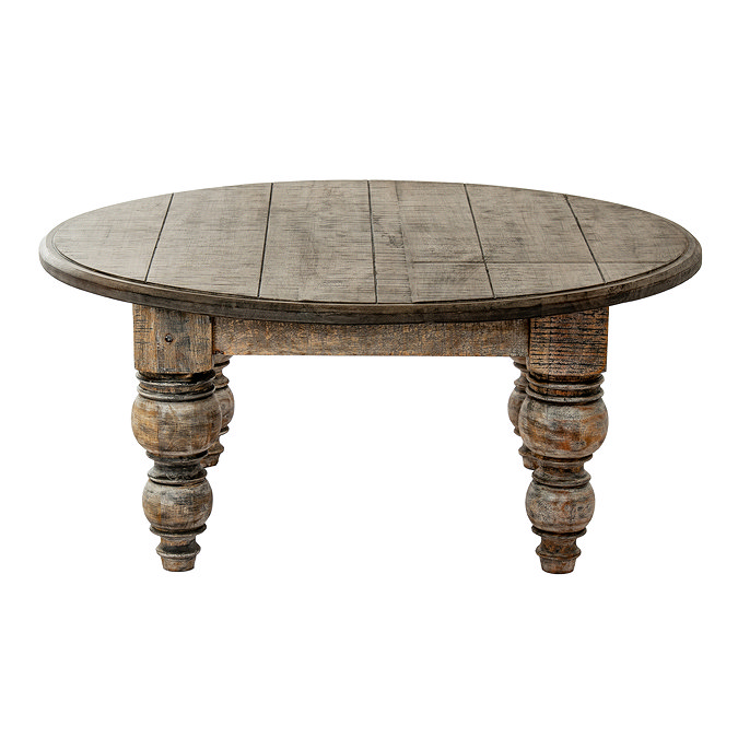 front on image cut out on white background of round rustic wood coffee table