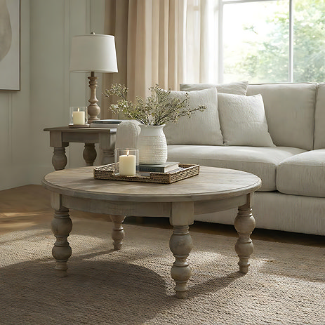 image of round rustic coffee table with carved legs on brown woven rug