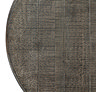 close up image of dark brown tabletop of rustic round dining table