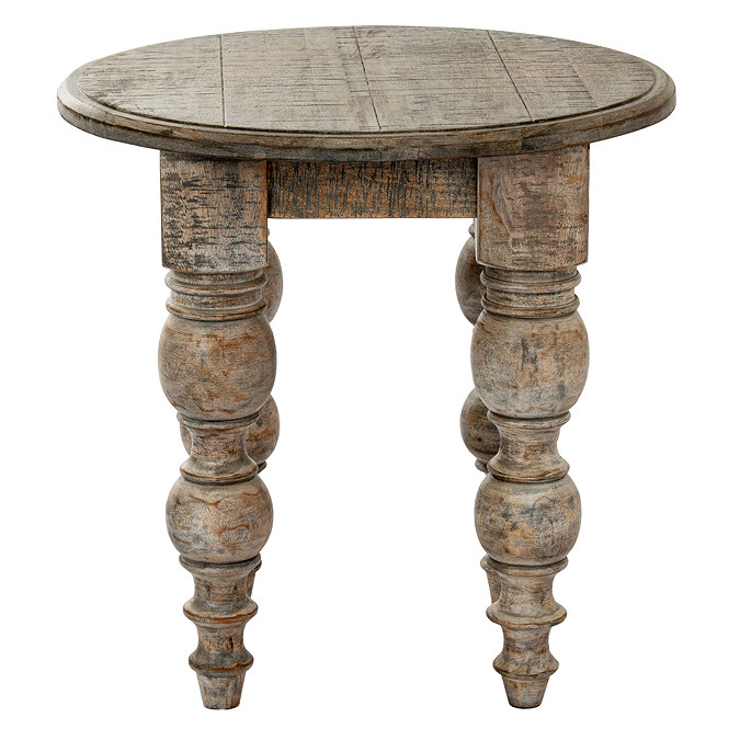 front on image of round dark oak rustic side table with carved detail legs