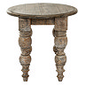 front on image of round dark oak rustic side table with carved detail legs