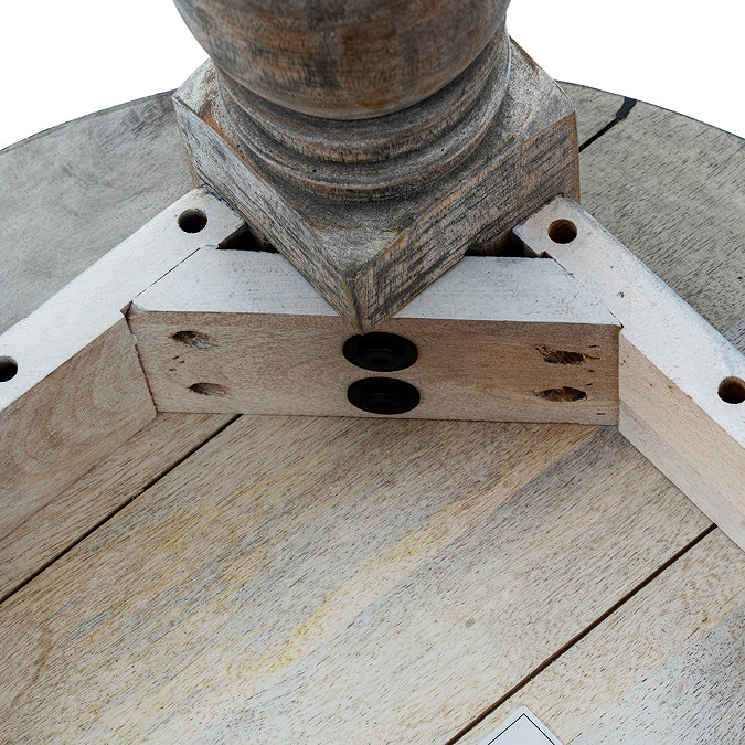 close up image taken from underneath side table, showing screw places