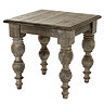 image cut out on white background of square rustic dark brown side table with carved legs