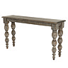 image cut out on white background of rectangular rustic dark brown console table with carved legs