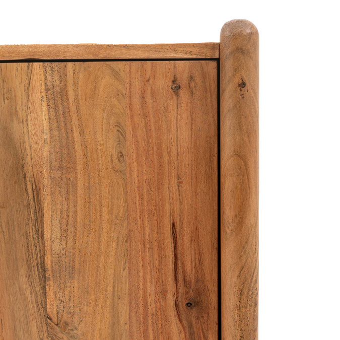 close up on slim edges of acacia wood sideboard